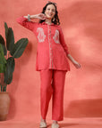 Peach Cotton Co-ord with Chikankari Embroidery & Laced Palazzo