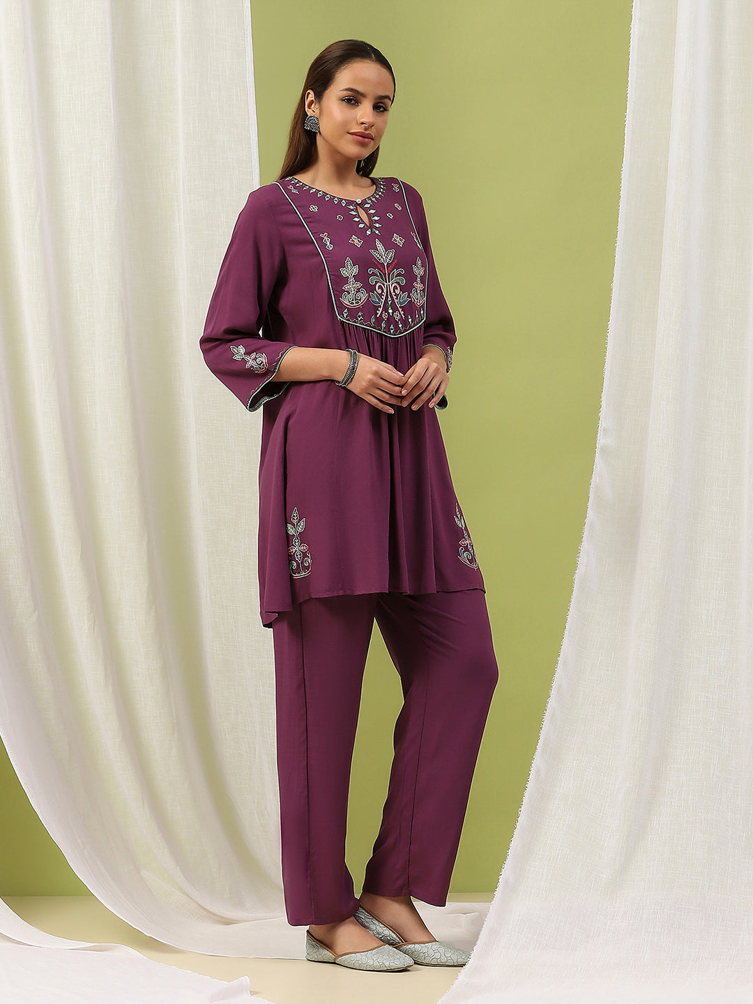 Solid Viscose Rayon A-Line Kurta Set with Ethnic Embroidery