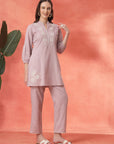 Lavender Cotton Co-ord with Embroidered Sleeves & Laced Palazzo