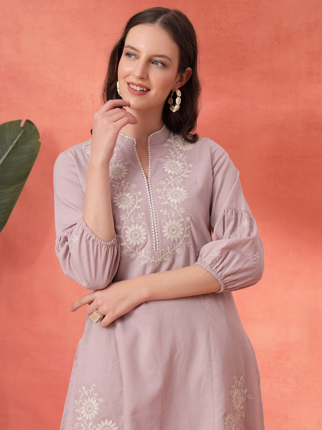 Lavender Cotton Co-ord with Embroidered Sleeves &amp; Laced Palazzo