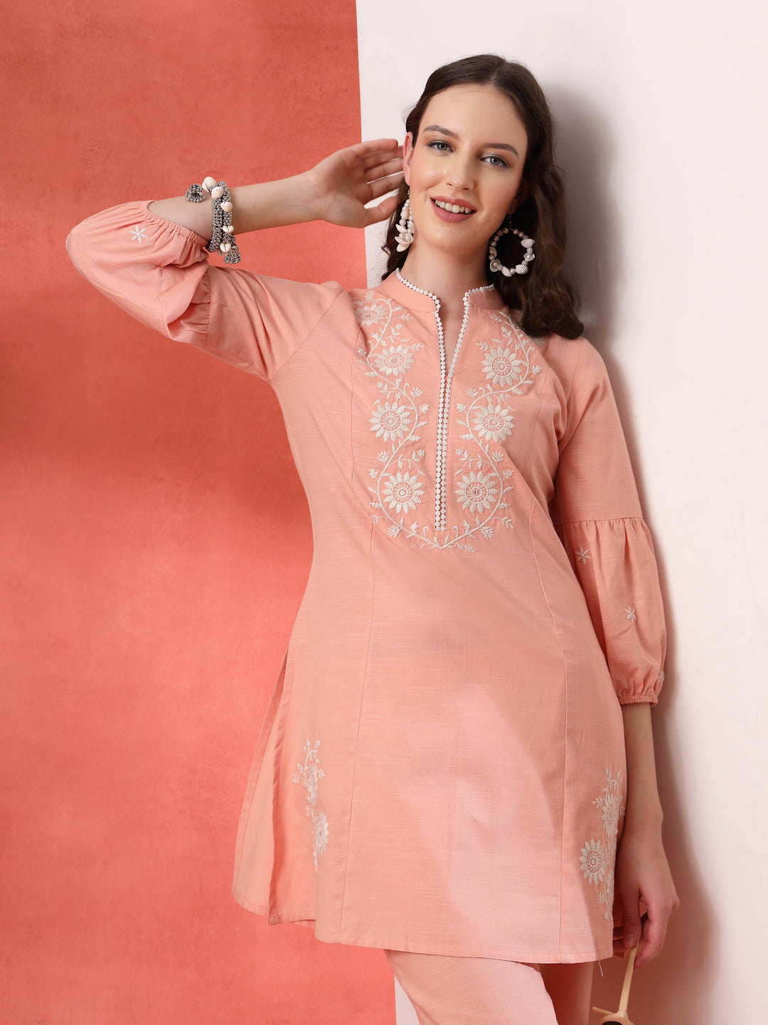 Peach Cotton Co-ord with Embroidered Sleeves &amp; Laced Palazzo