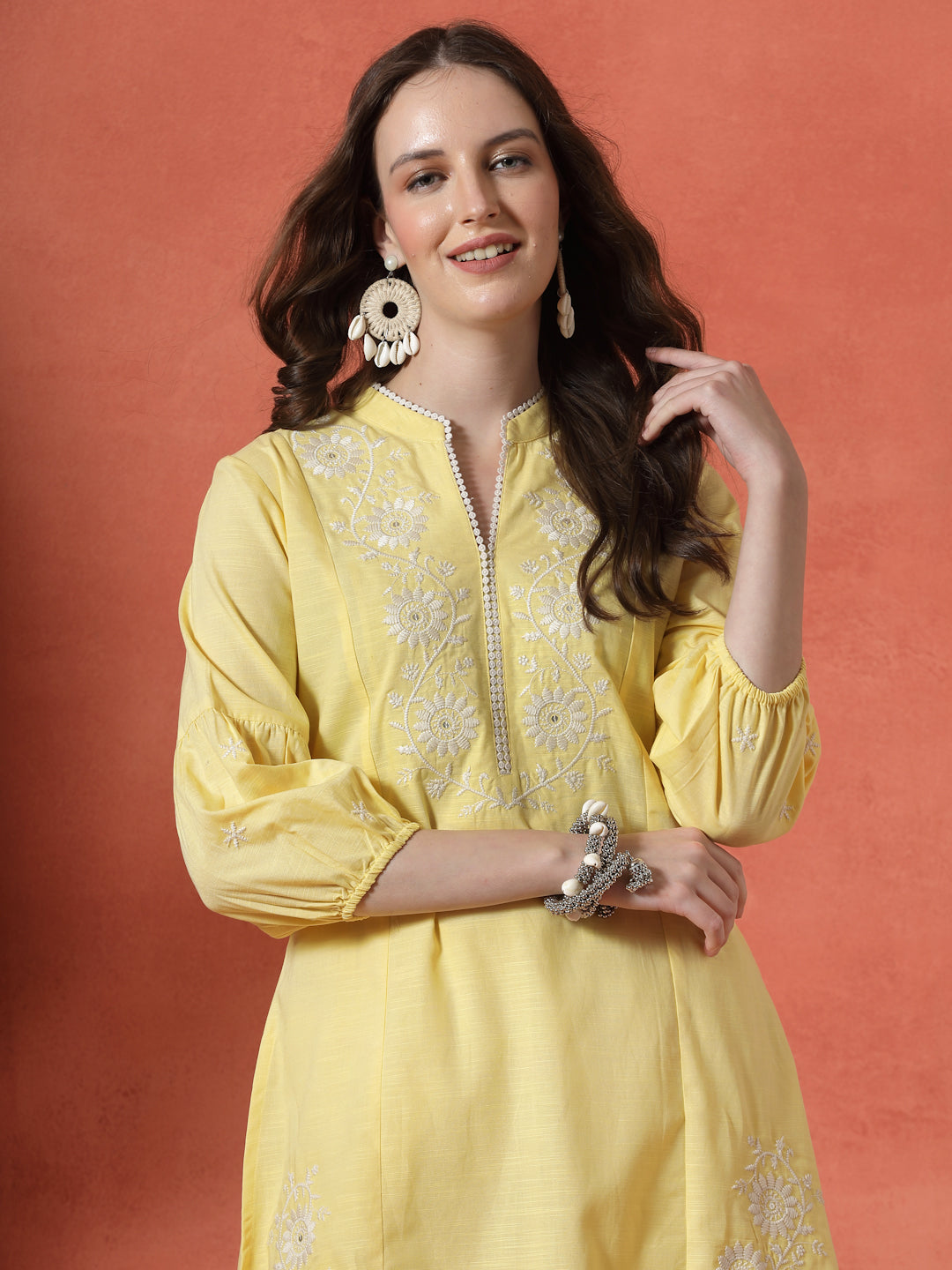Yellow Cotton Co-ord with Embroidered Sleeves &amp; Laced Palazzo