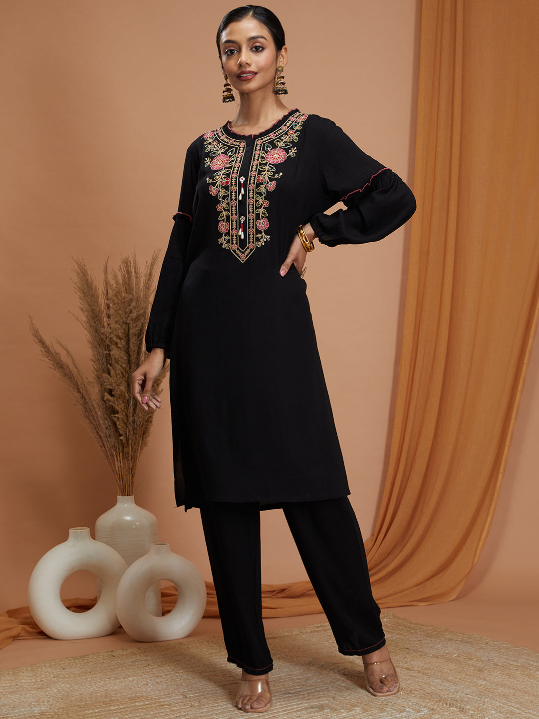 Floral Embroidered Rayon Kurta Set with Frill Neck &amp; Lace Dupatta