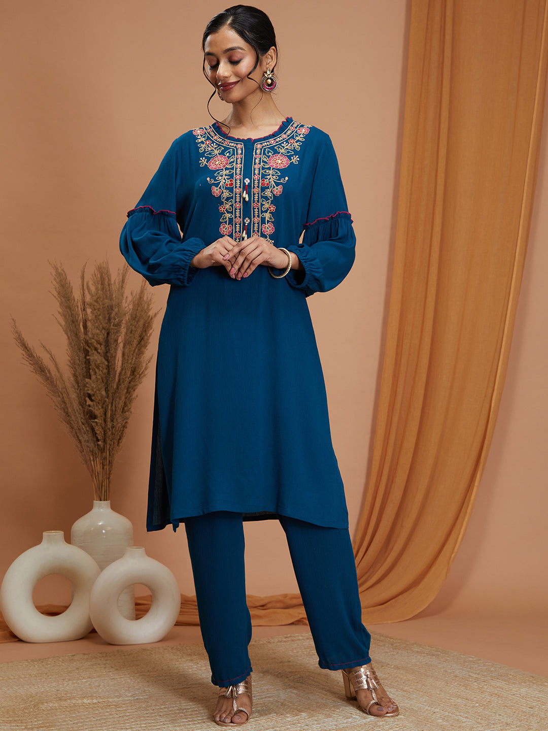 Floral Embroidered Rayon Kurta Set with Frill Neck &amp; Lace Dupatta