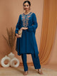 Floral Embroidered Rayon Kurta Set with Frill Neck & Lace Dupatta