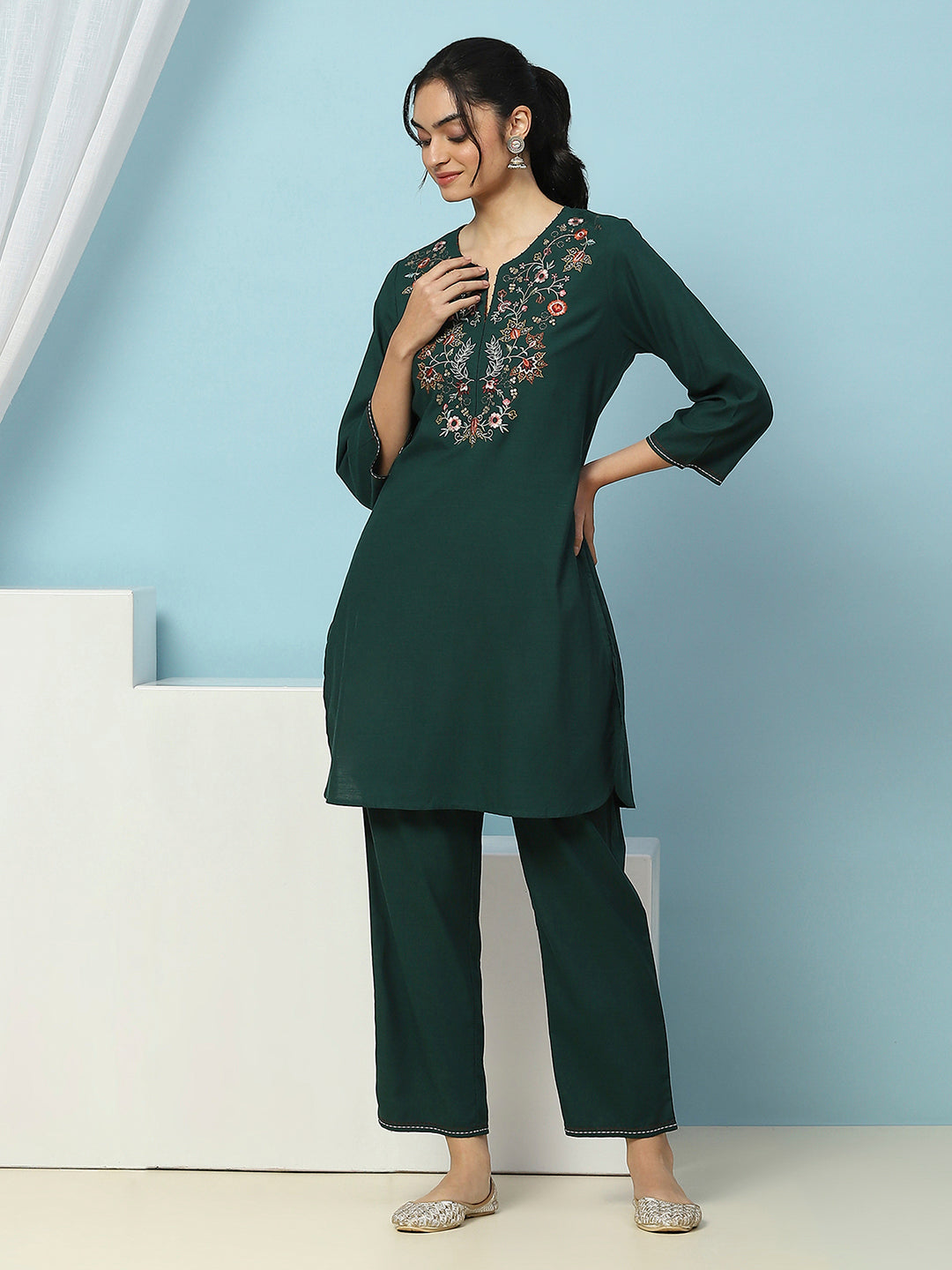 Embroidered Rayon Kurta Set with Stitch-Detailed Palazzo