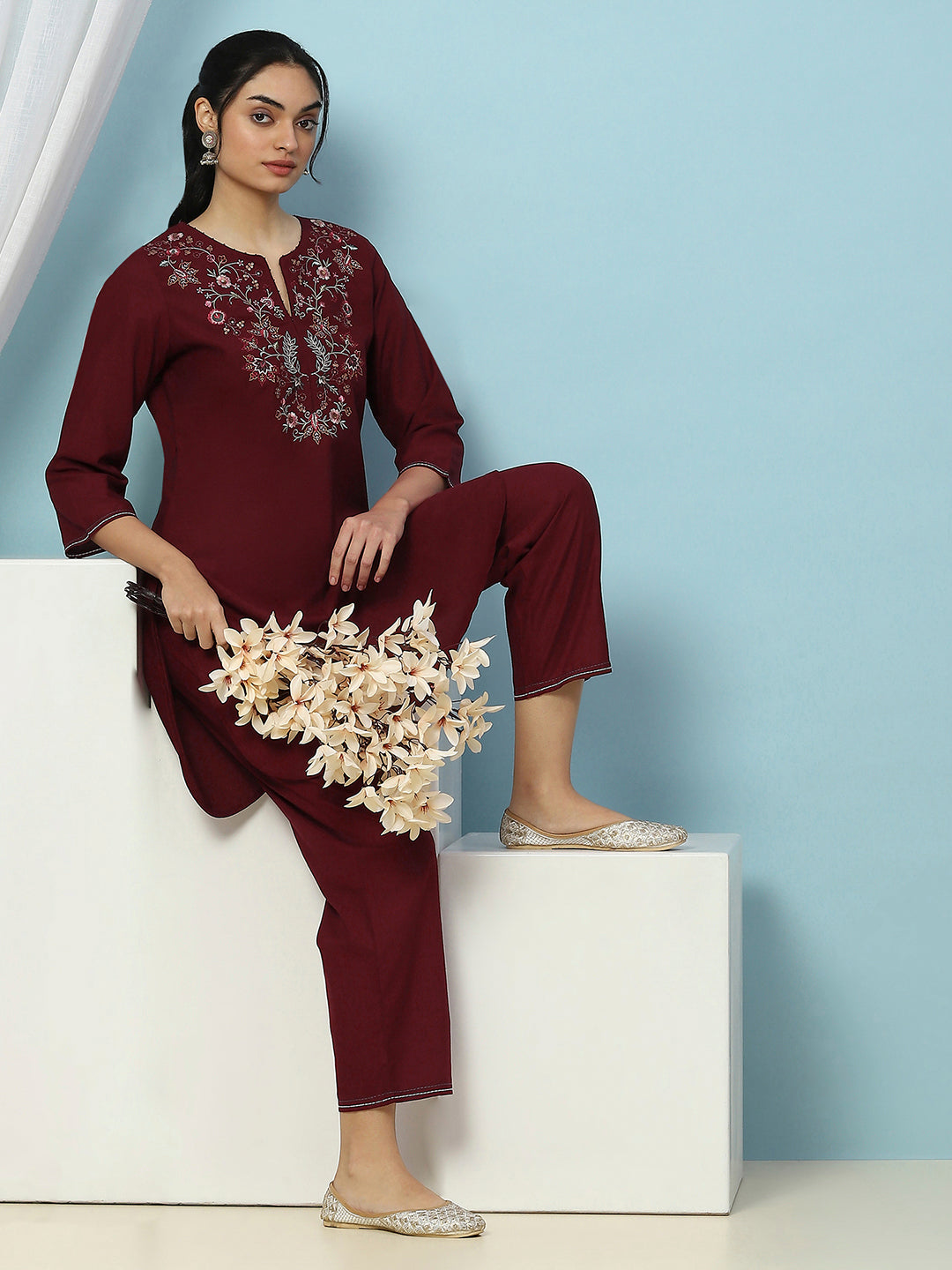 Solid Straight Viscose Rayon Kurta with Ethnic Embroidery &amp; Palazzo