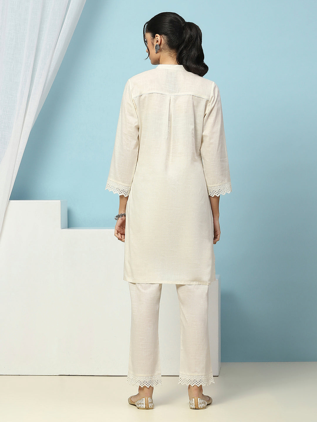 Solid Straight Cotton Kurta Set with Thread Embroidery &amp; Schiffli Lace