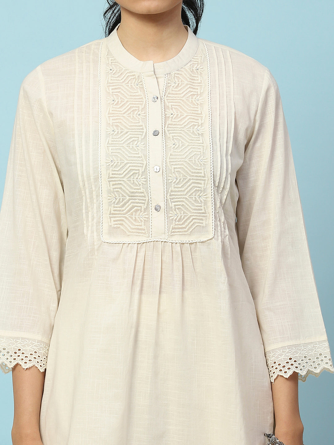 Solid Straight Cotton Kurta Set with Thread Embroidery &amp; Schiffli Lace