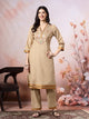 Cotton V-Neck Kurta Set with Paisley Embroidery & Contrast Accents