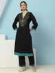 V-Neck Cotton Kurta Set with Paisley Embroidery & Contrast Patch Accents