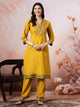 V-Neck Cotton Kurta Set with Paisley Embroidery & Contrast Patch Accents