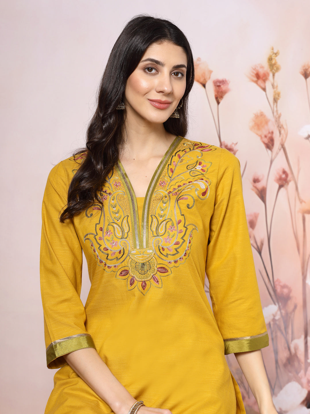 V-Neck Cotton Kurta Set with Paisley Embroidery &amp; Contrast Patch Accents