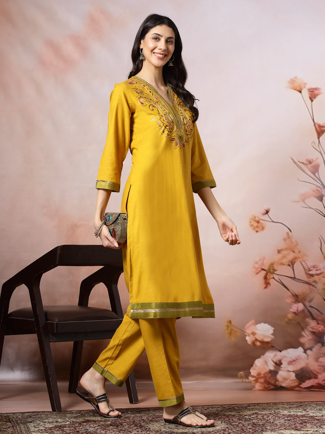 V-Neck Cotton Kurta Set with Paisley Embroidery &amp; Contrast Patch Accents