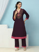 V-Neck Cotton Kurta Set with Paisley Embroidery & Contrast Patch Accents