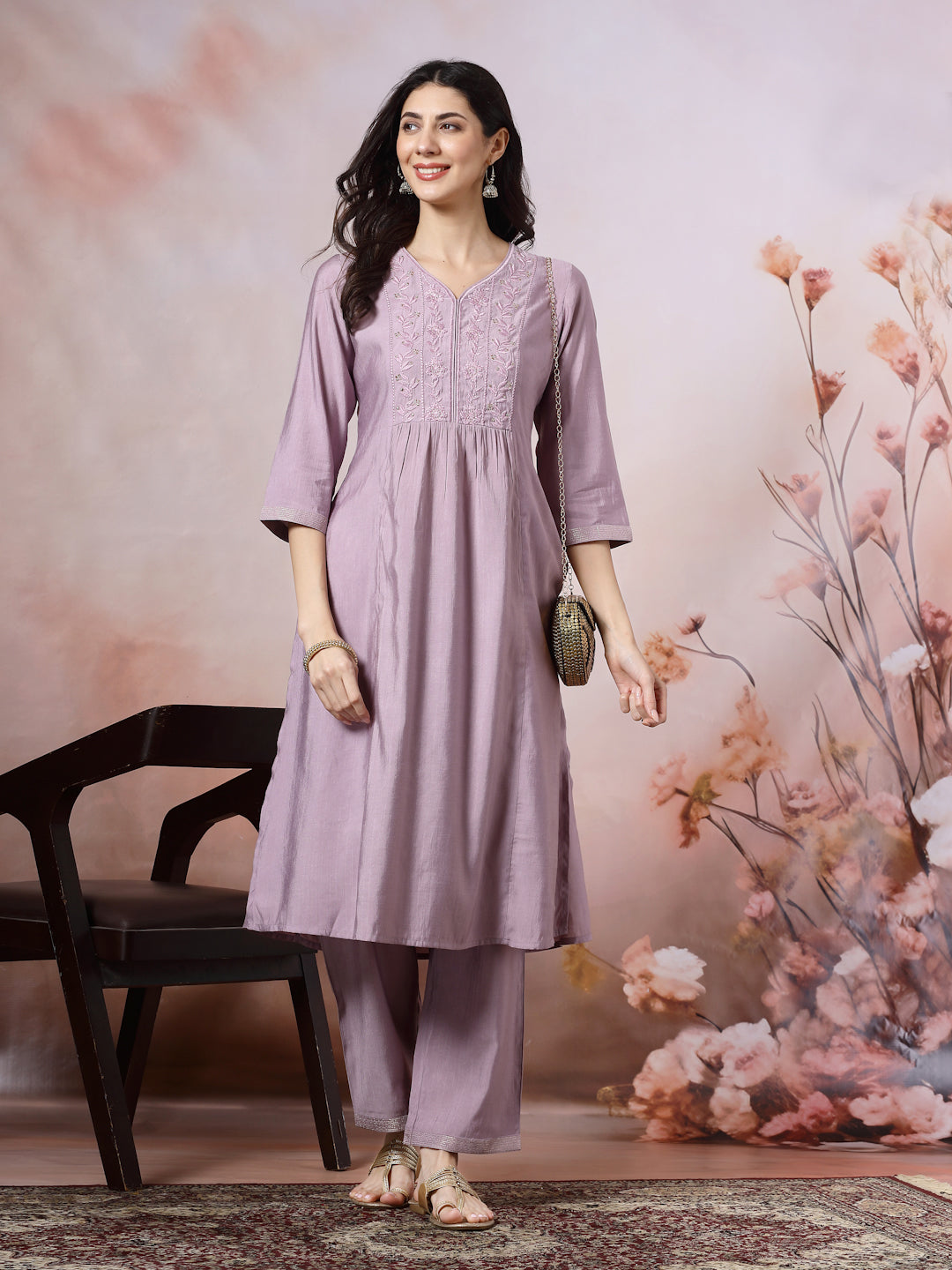 Solid Calf Length A-Line Kurta Set with Embroidery
