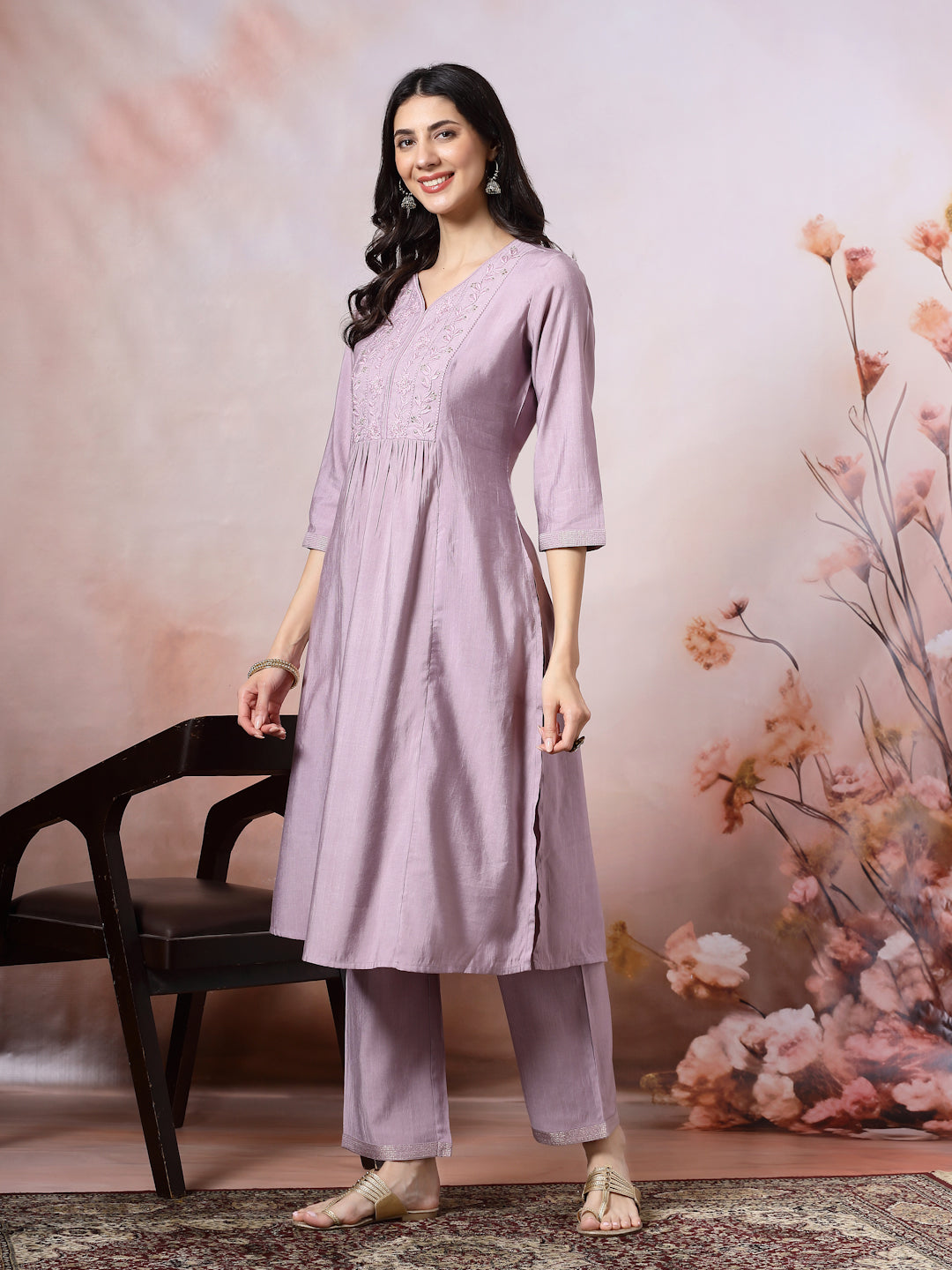Solid Calf Length A-Line Kurta Set with Embroidery