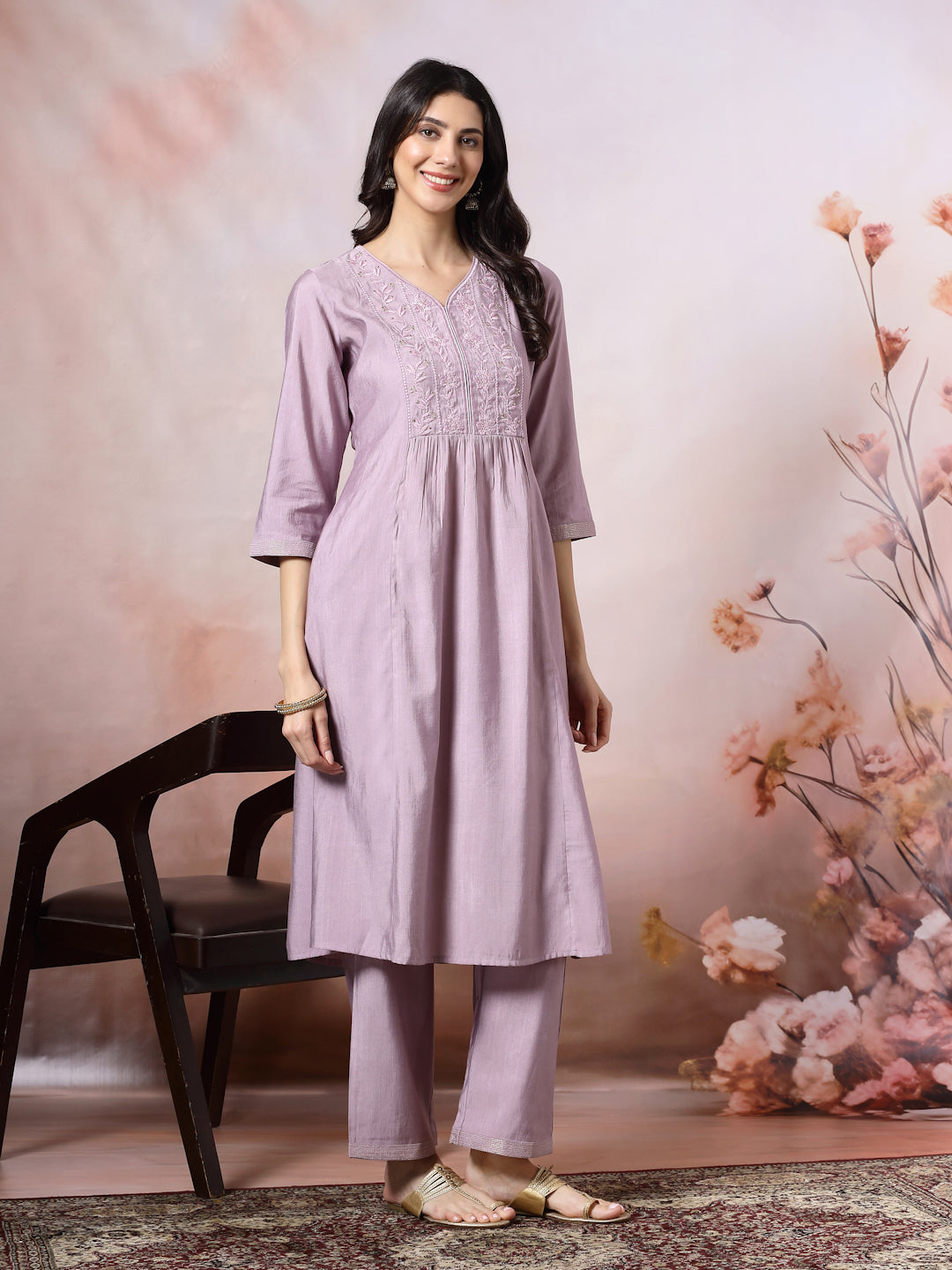 Solid Calf Length A-Line Kurta Set with Embroidery
