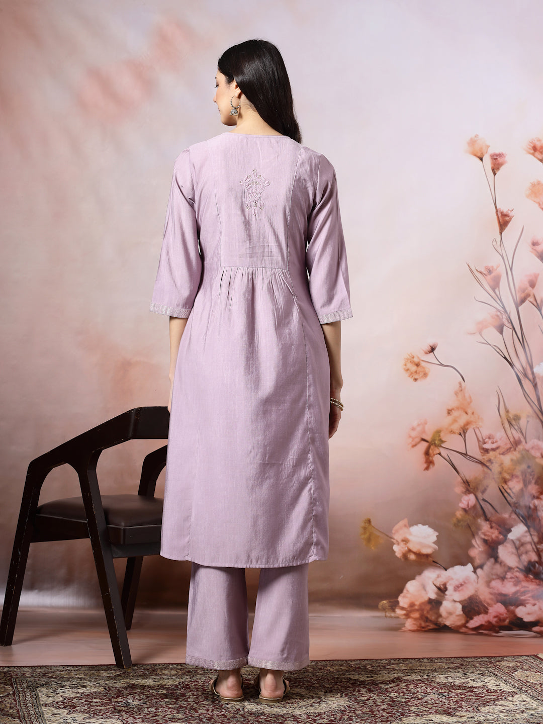 Solid Calf Length A-Line Kurta Set with Embroidery