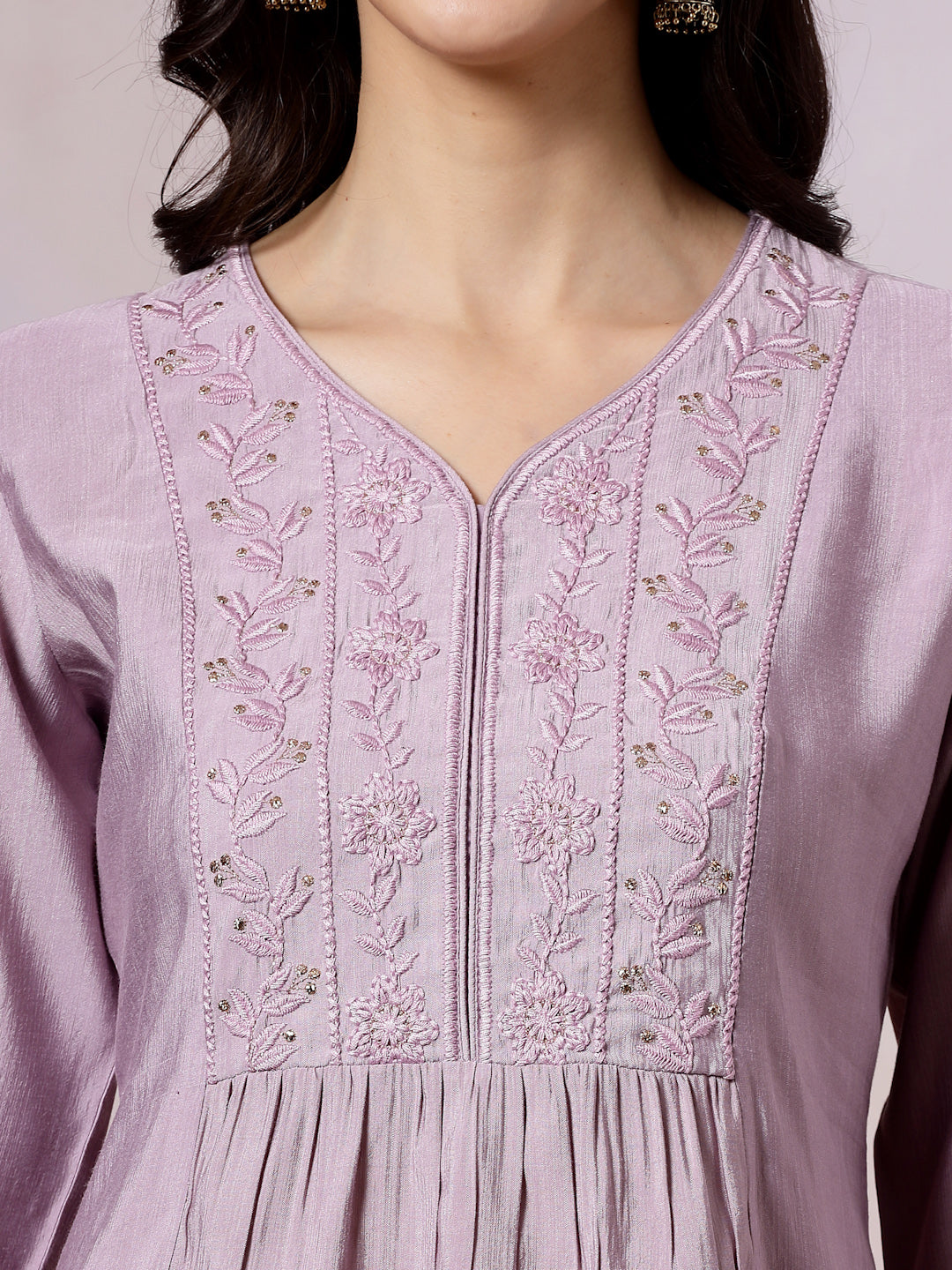 Solid Calf Length A-Line Kurta Set with Embroidery