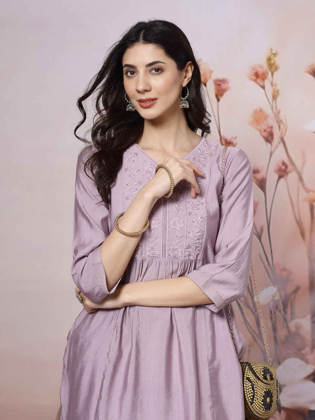 Solid Calf Length A-Line Kurta Set with Embroidery