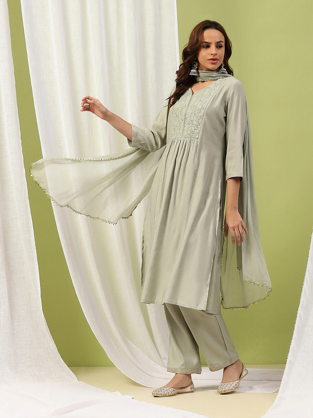 Silk Blend Flared Kurta Set with Tonal Embroidery &amp; Sequin Lace Dupatta
