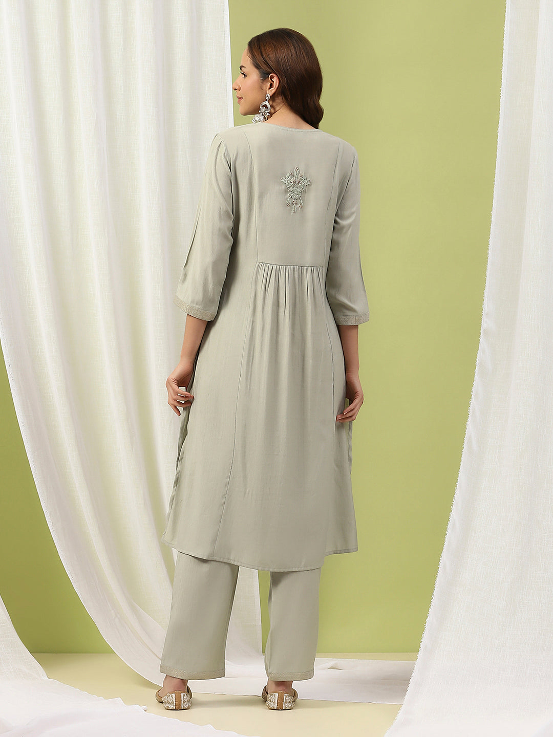 Silk Blend Flared Kurta Set with Tonal Embroidery &amp; Sequin Lace Dupatta