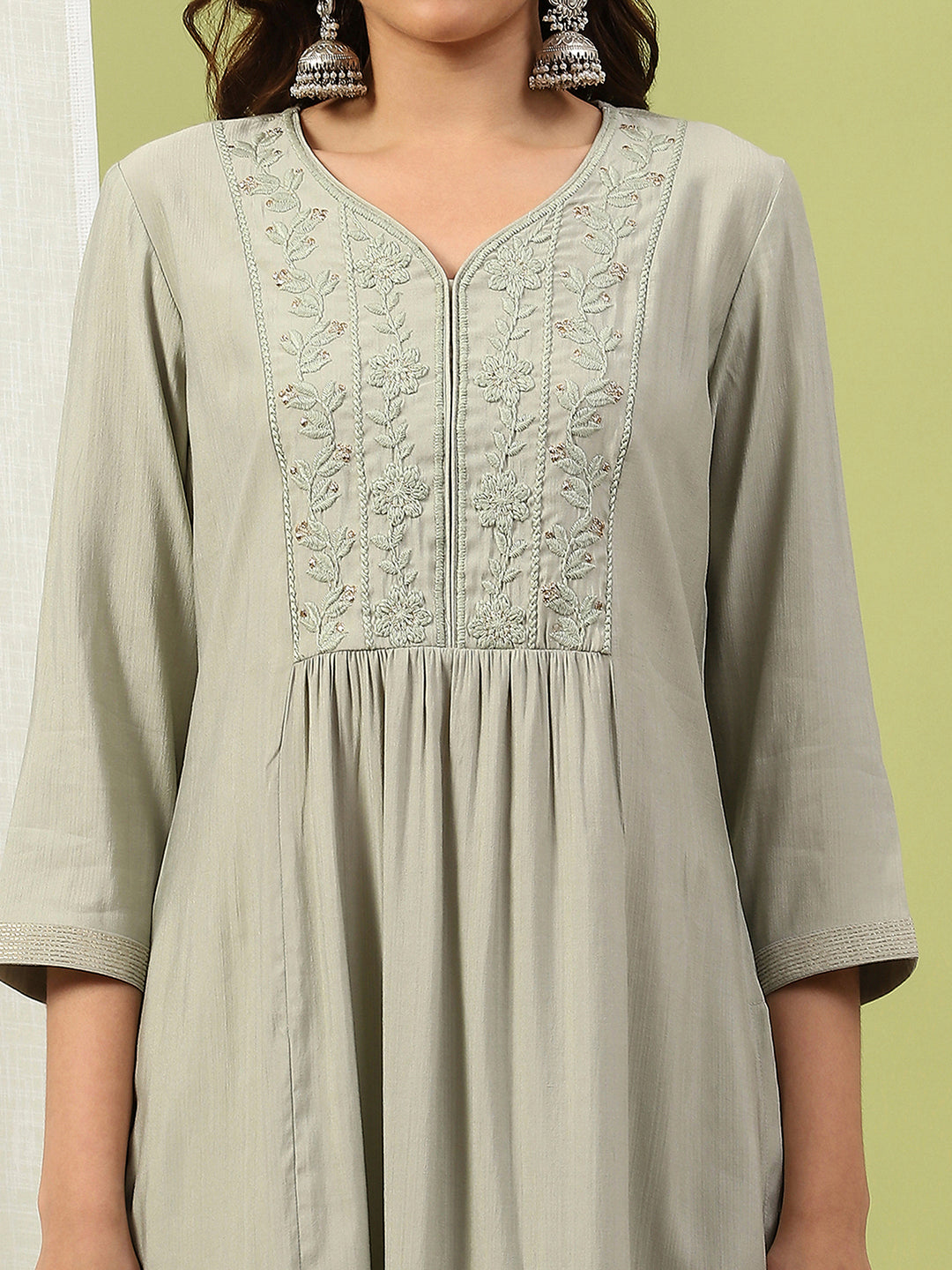Silk Blend Flared Kurta Set with Tonal Embroidery &amp; Sequin Lace Dupatta
