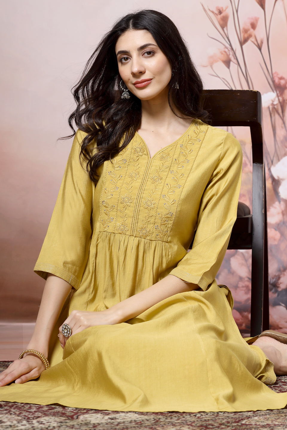 Silk Blend Flared Kurta Set with Tonal Embroidery &amp; Sequin Lace Dupatta