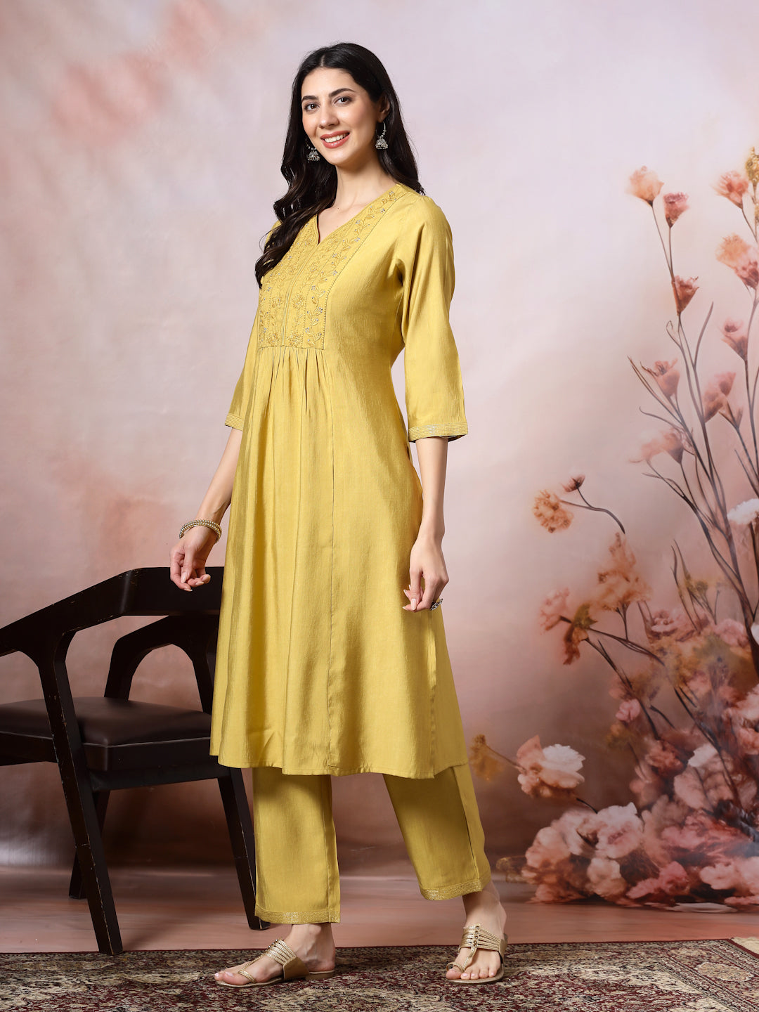 Silk Blend Flared Kurta Set with Tonal Embroidery &amp; Sequin Lace Dupatta