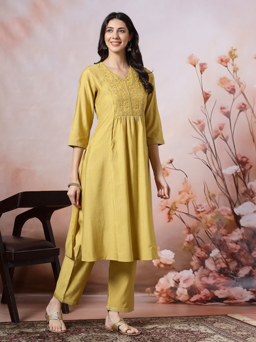 Silk Blend Flared Kurta Set with Tonal Embroidery &amp; Sequin Lace Dupatta