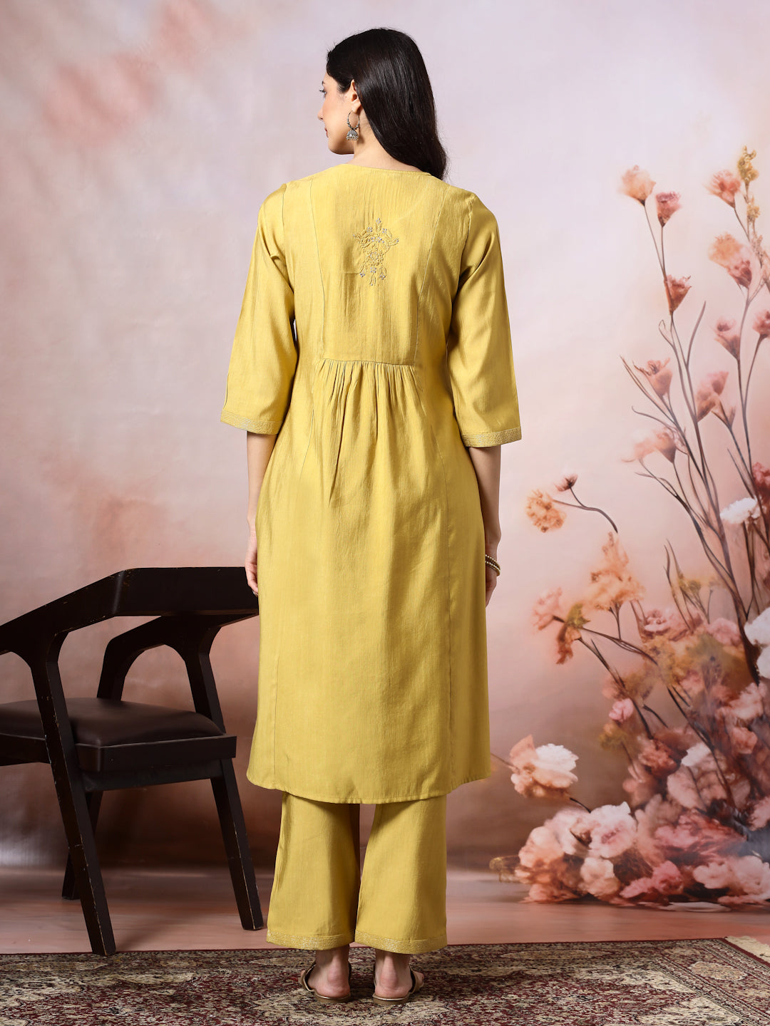 Silk Blend Flared Kurta Set with Tonal Embroidery &amp; Sequin Lace Dupatta