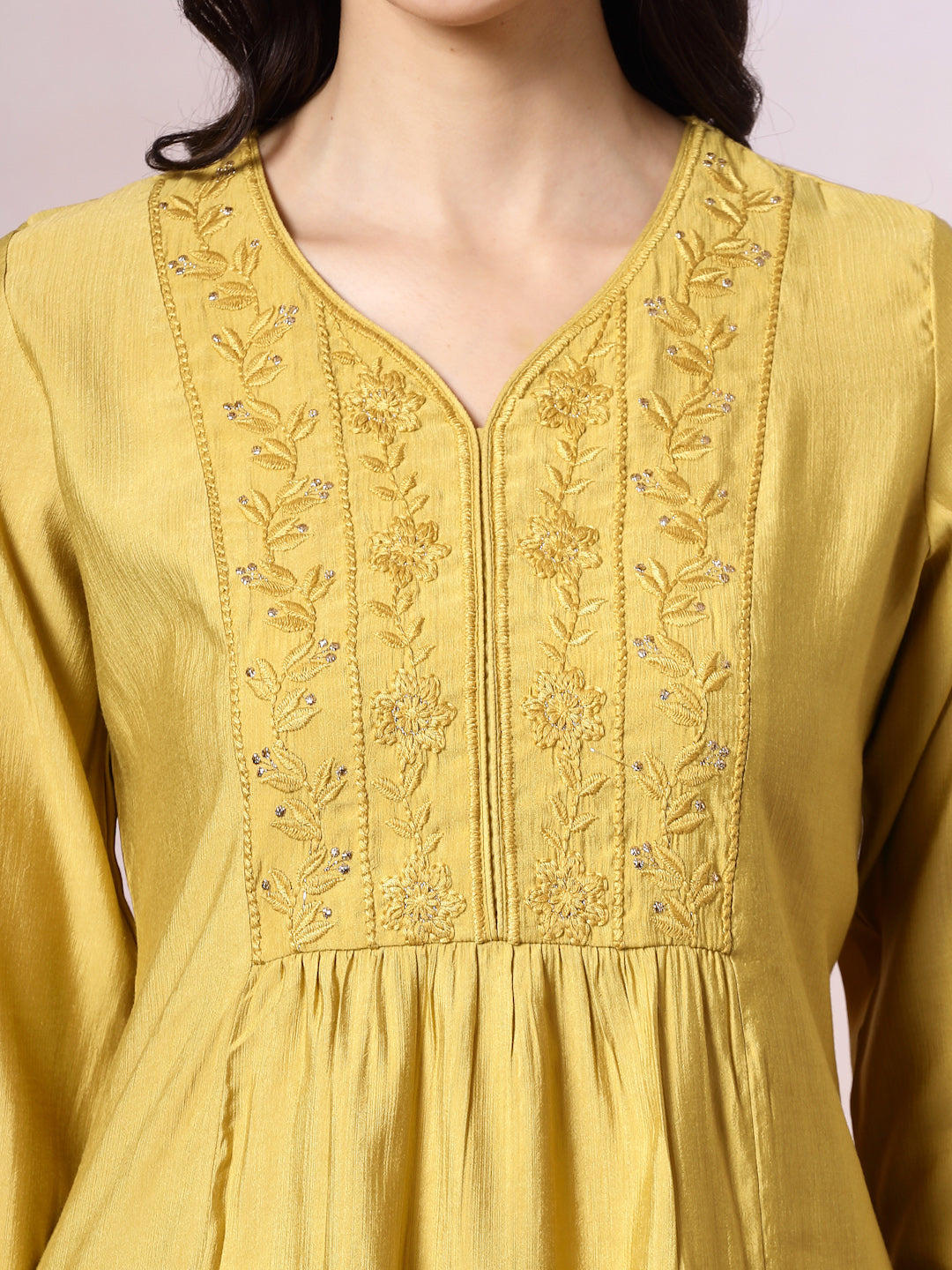 Silk Blend Flared Kurta Set with Tonal Embroidery &amp; Sequin Lace Dupatta
