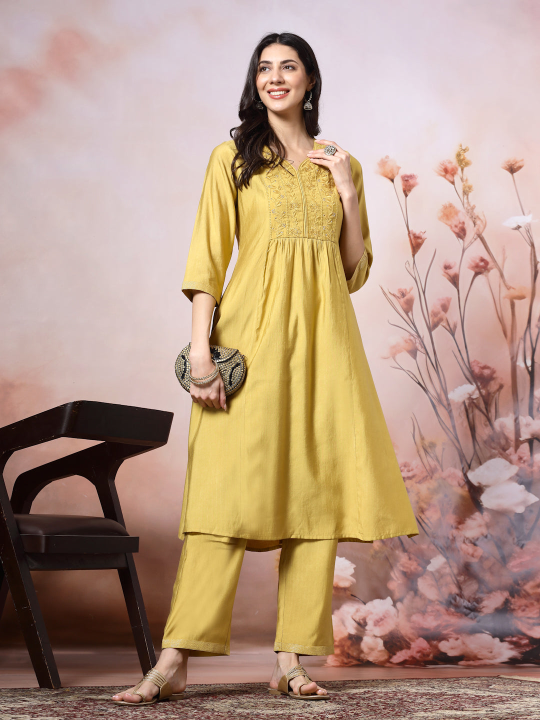 Silk Blend Flared Kurta Set with Tonal Embroidery &amp; Sequin Lace Dupatta