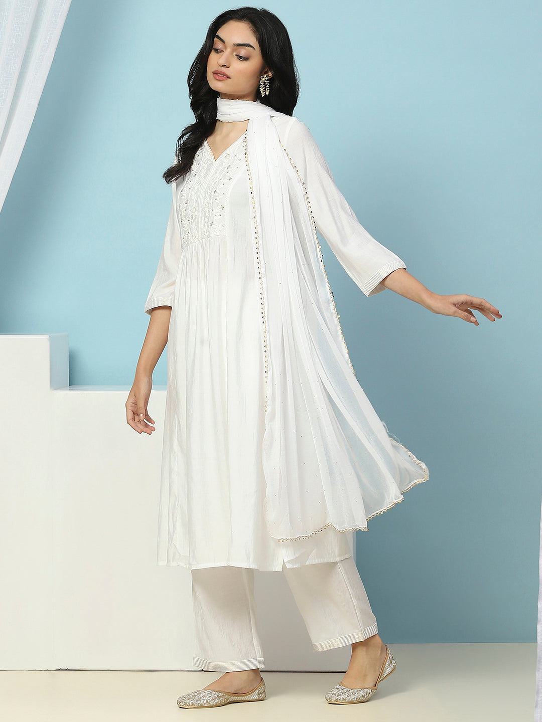 Solid Calf Length A-Line Kurta Set with Embroidery