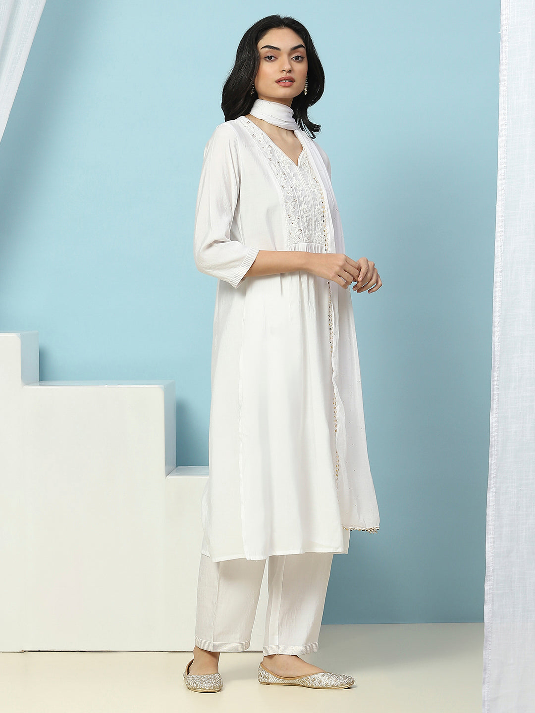 Solid Calf Length A-Line Kurta Set with Embroidery