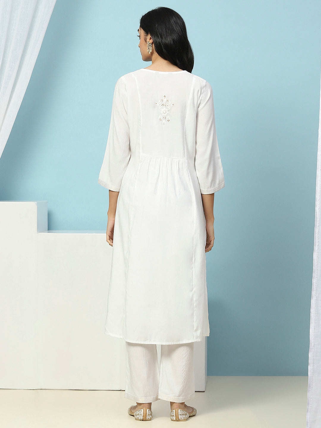 Solid Calf Length A-Line Kurta Set with Embroidery