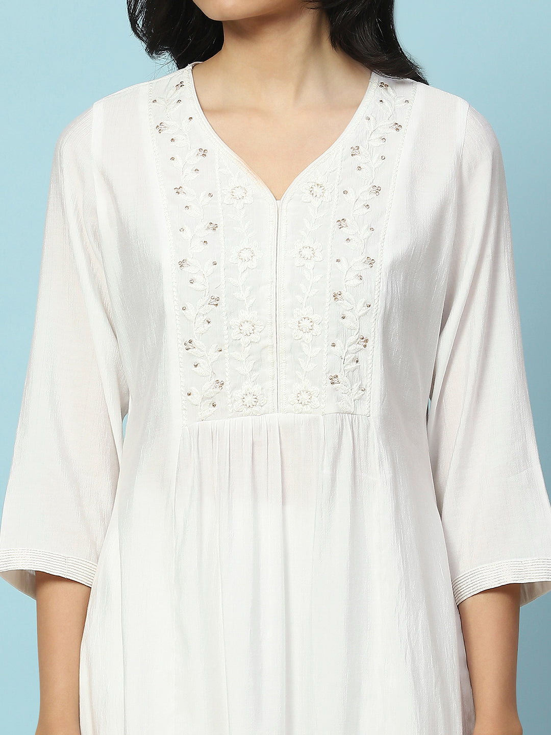 Solid Calf Length A-Line Kurta Set with Embroidery