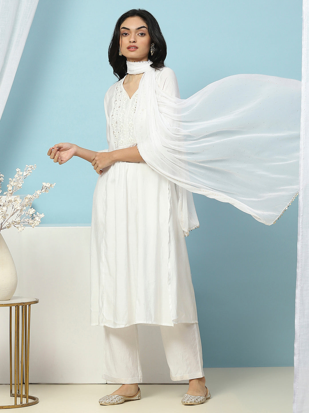 Solid Calf Length A-Line Kurta Set with Embroidery