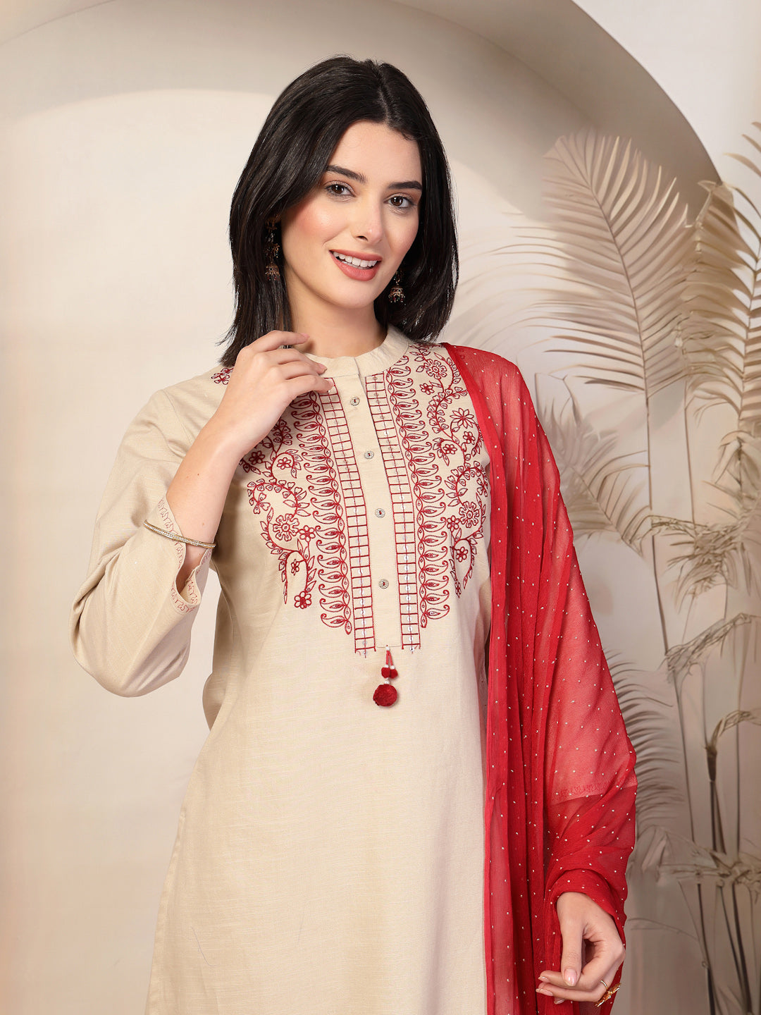 Ari Embroidered Cotton Linen Kurta Set with Lace-Edged Dupatta