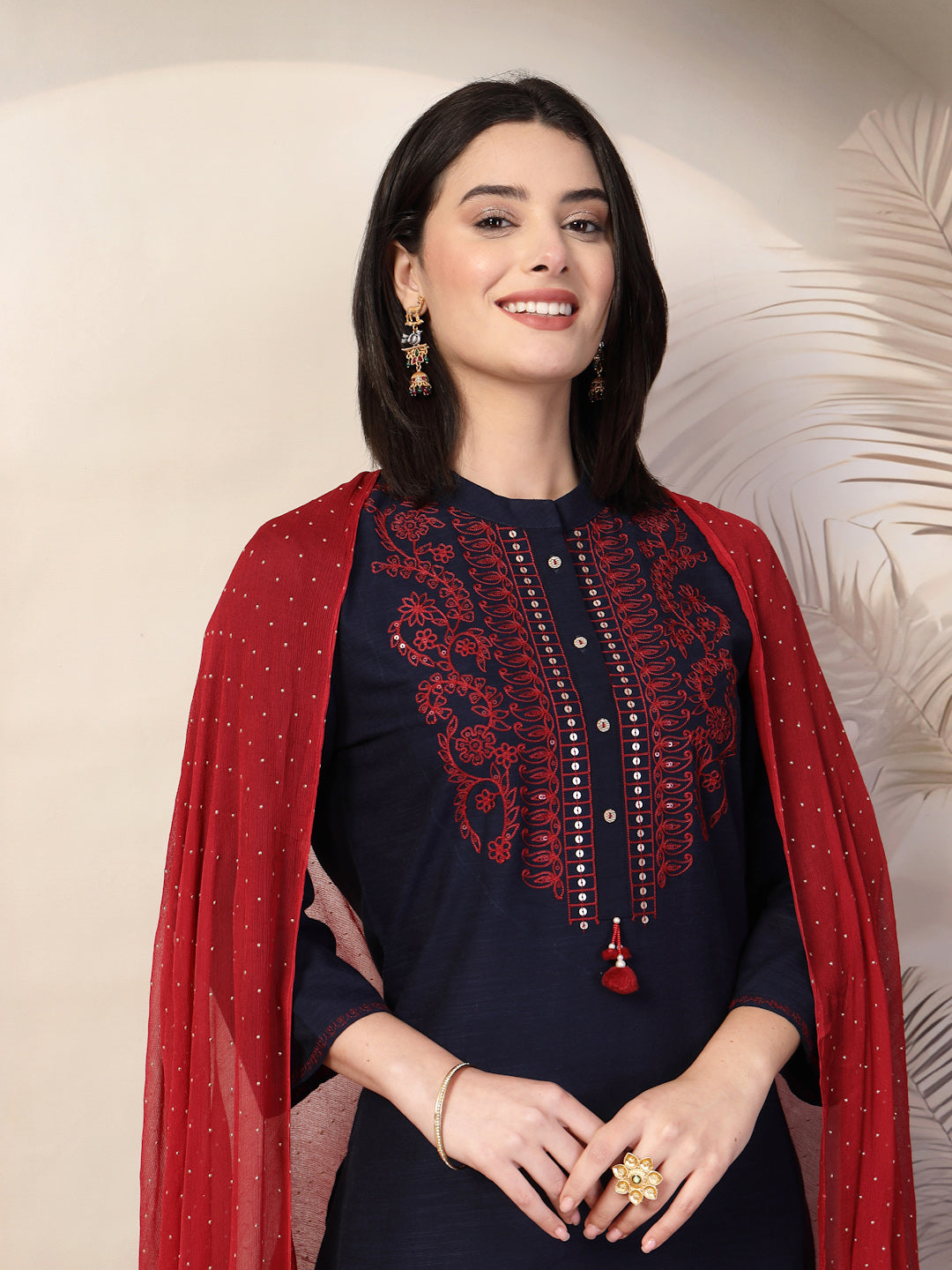 Solid Straight Cotton Linen Kurta Set with Ari Embroidery