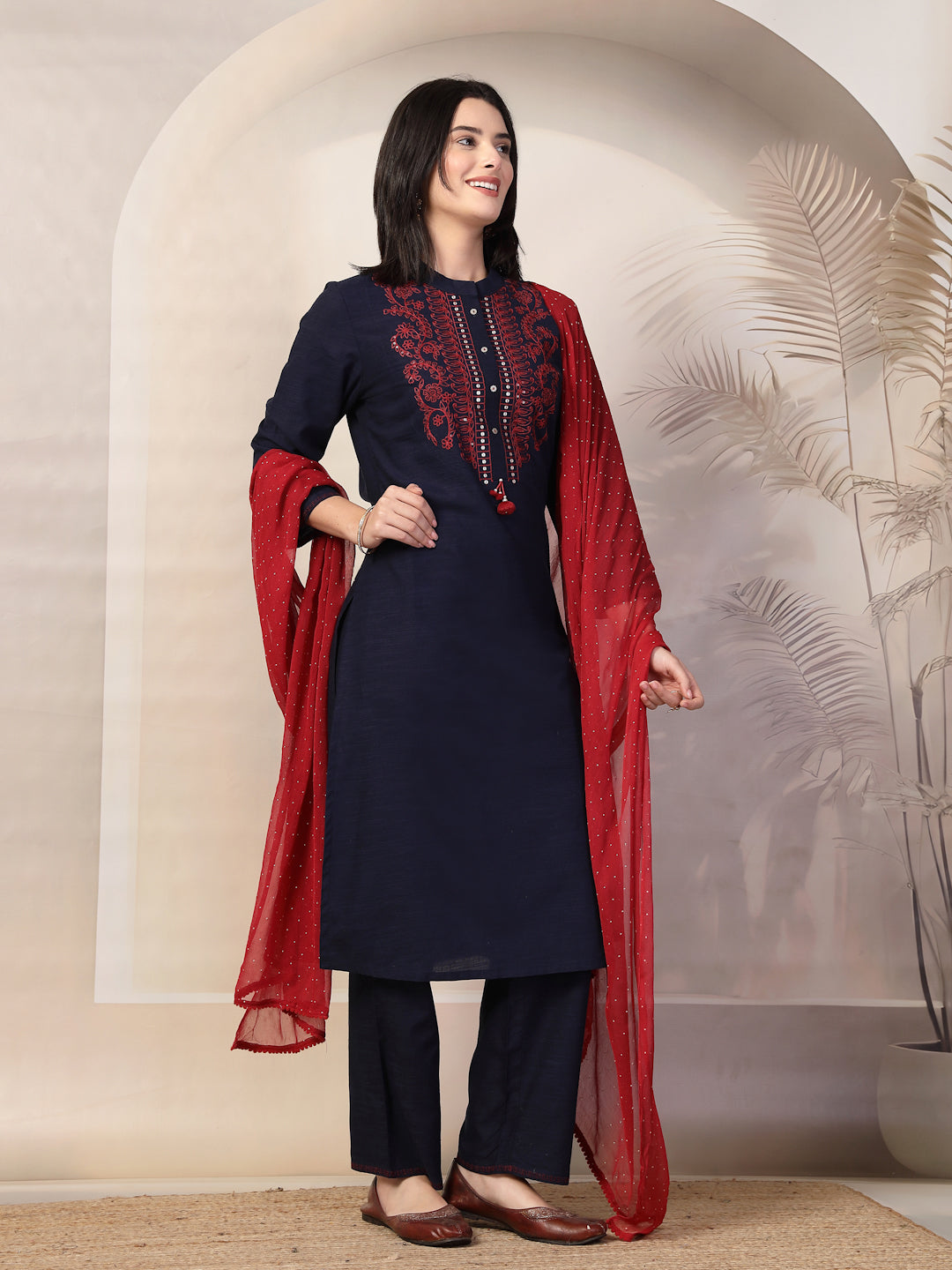 Solid Straight Cotton Linen Kurta Set with Ari Embroidery