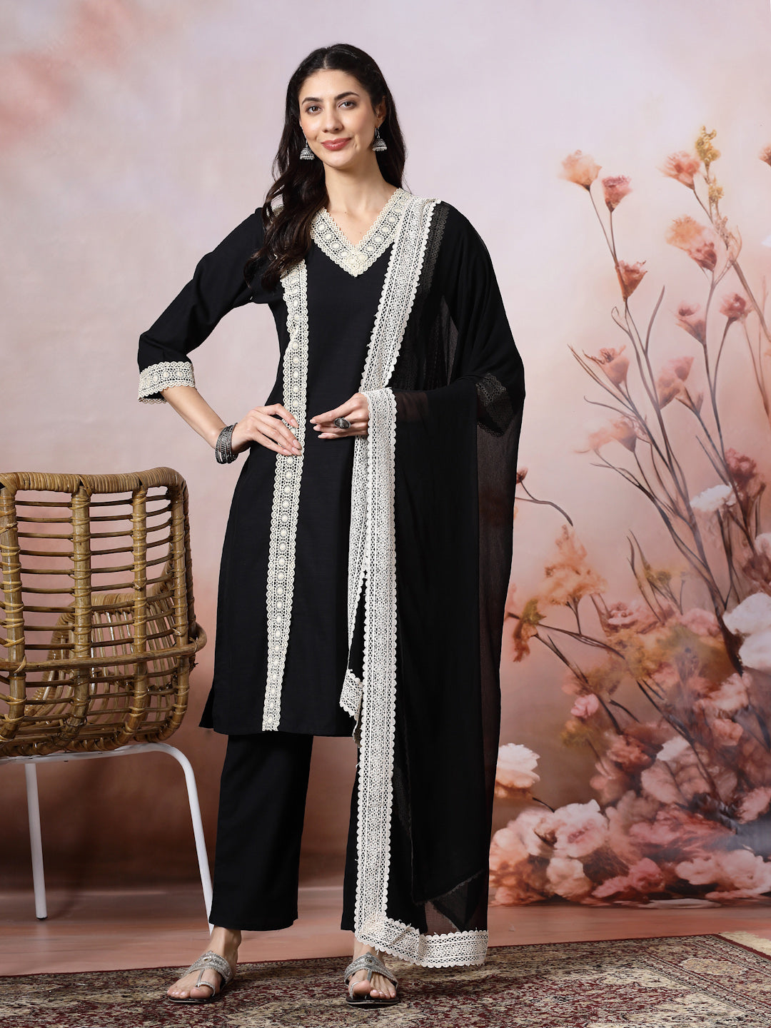 Solid Straight Cotton Kurta Set with Lace Detailing &amp; Laced Dupatta