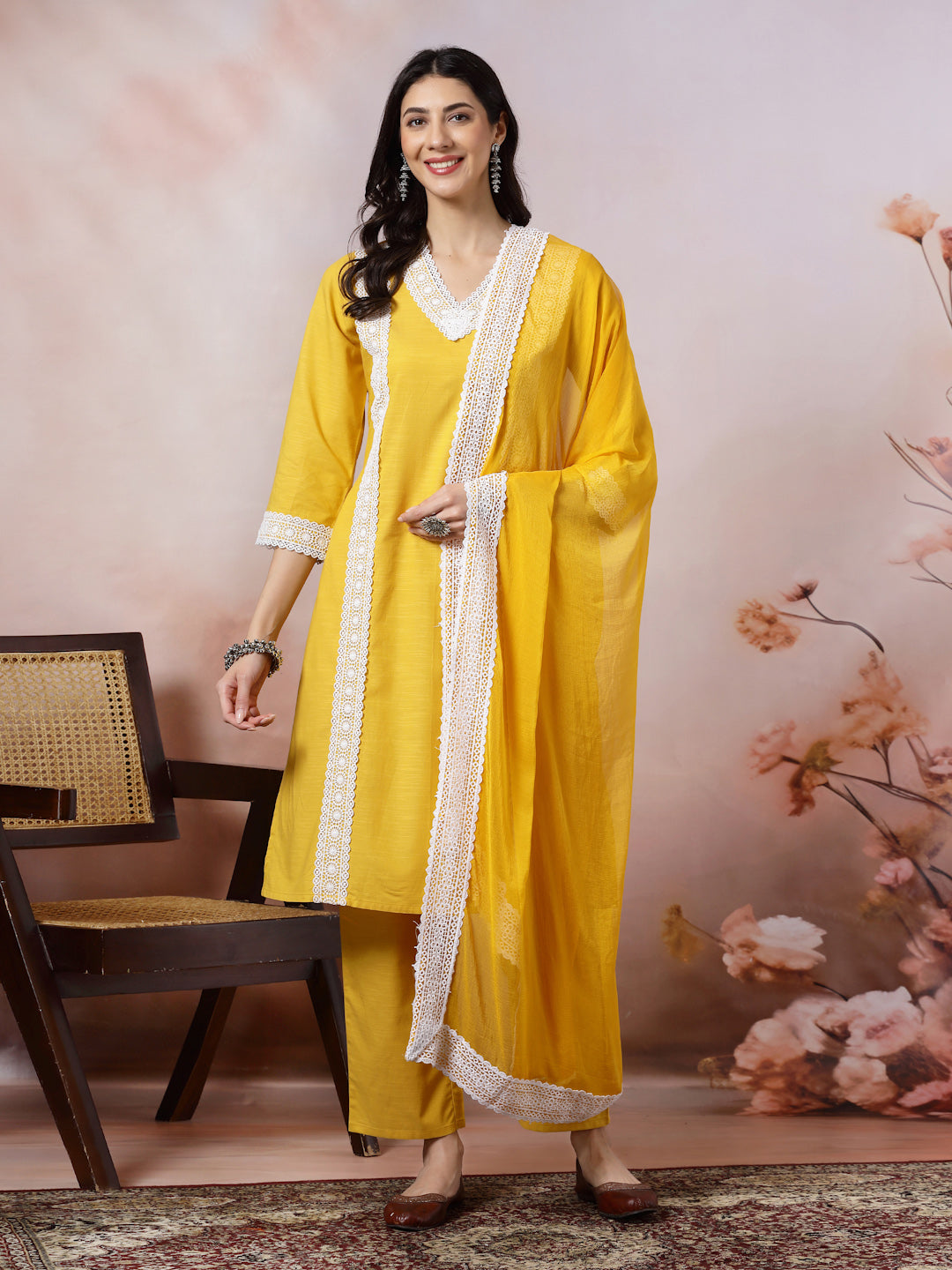Solid Straight Cotton Kurta Set with Lace Detailing &amp; Laced Dupatta