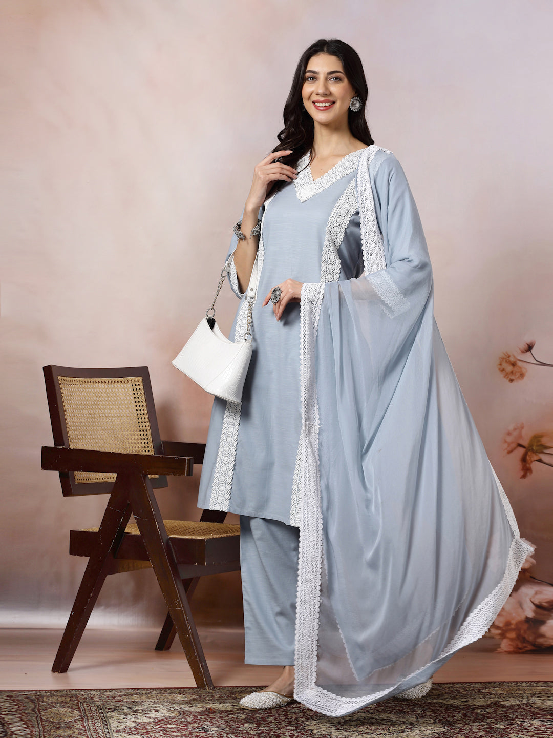 Solid Straight Cotton Kurta Set with Lace Detailing &amp; Laced Dupatta