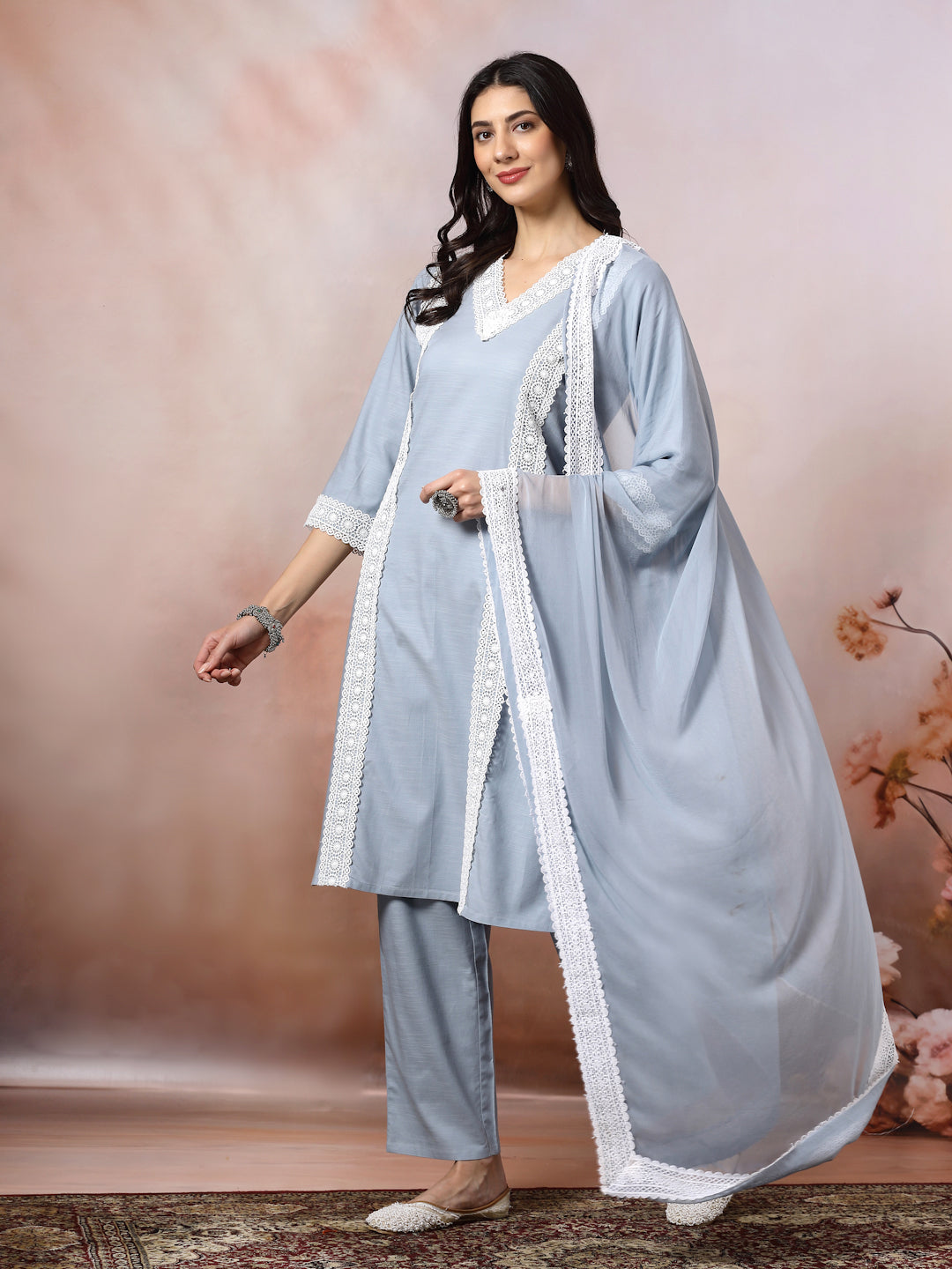 Solid Straight Cotton Kurta Set with Lace Detailing &amp; Laced Dupatta