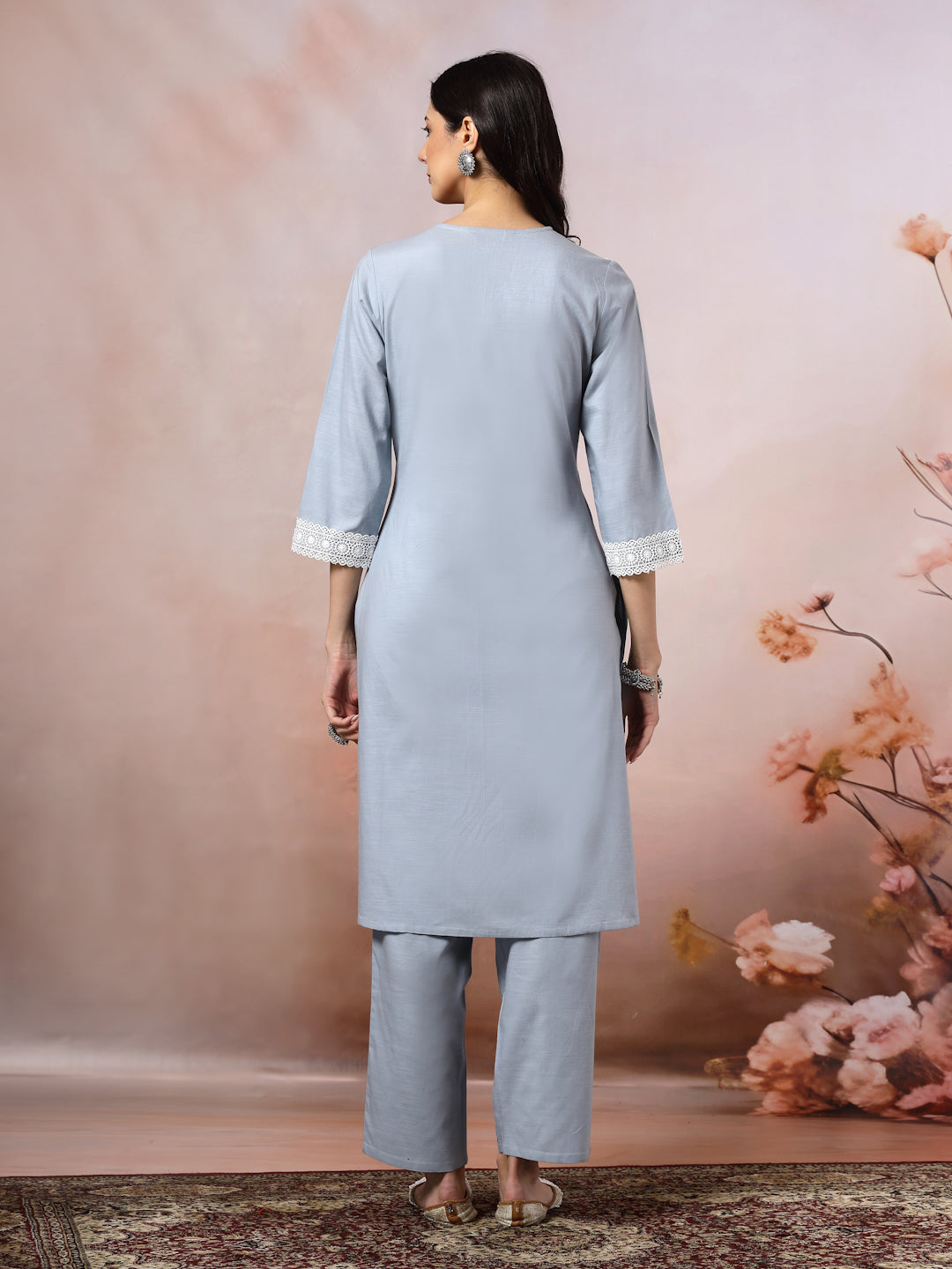 Solid Straight Cotton Kurta Set with Lace Detailing &amp; Laced Dupatta