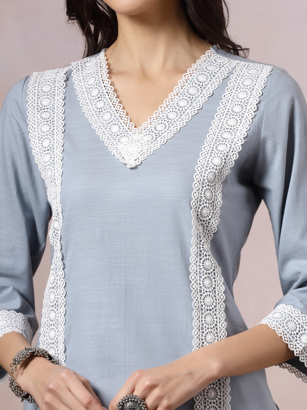 Solid Straight Cotton Kurta Set with Lace Detailing &amp; Laced Dupatta