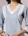 Solid Straight Cotton Kurta Set with Lace Detailing & Laced Dupatta