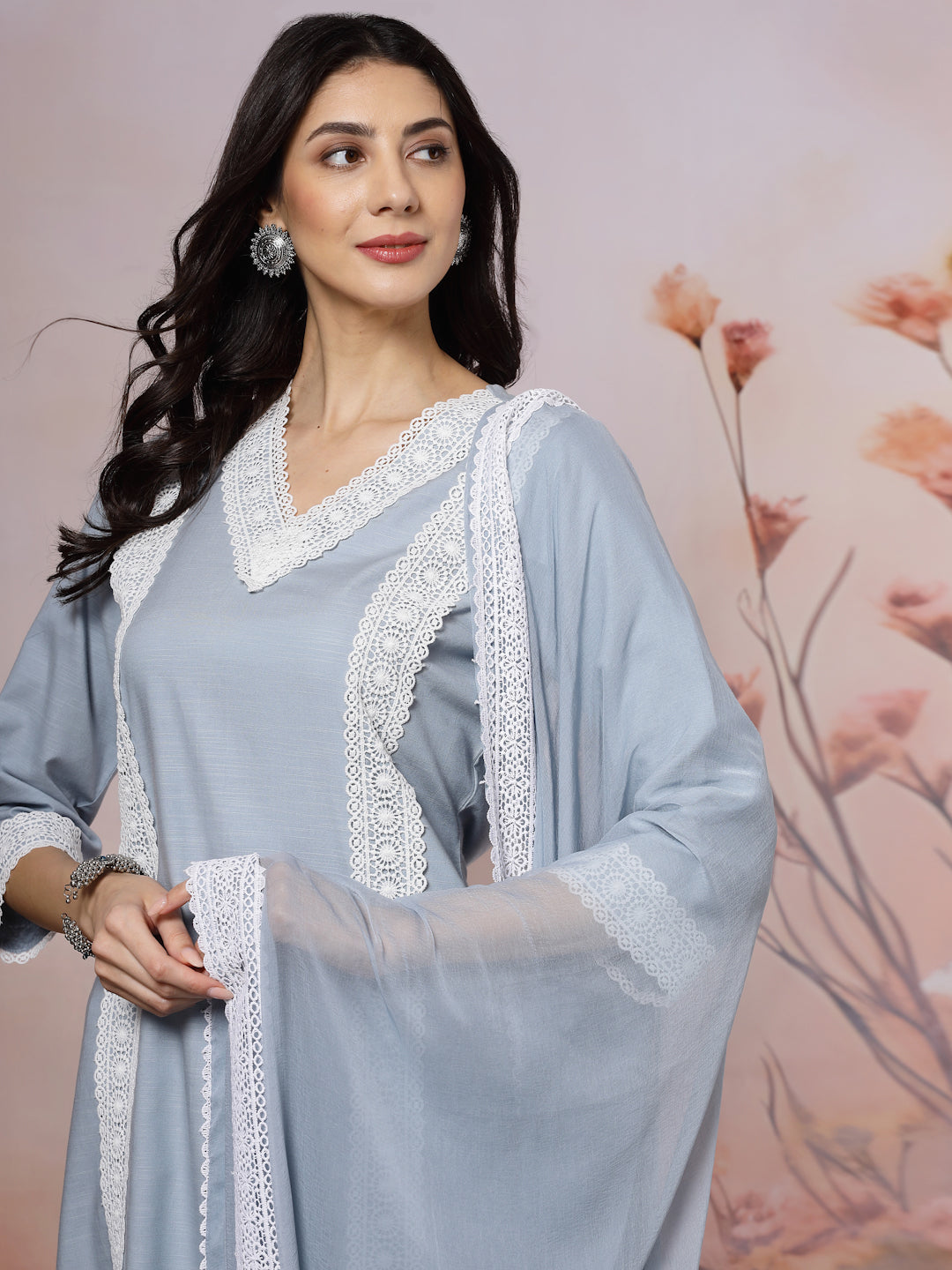 Solid Straight Cotton Kurta Set with Lace Detailing &amp; Laced Dupatta